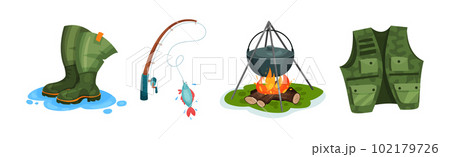Fishing Equipment and Angling Item with Rod, Boots, Cauldron and Vest Vector Set 102179726
