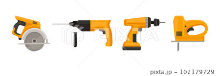 Yellow Power Tools for Carpentry Work Vector Set 102179729