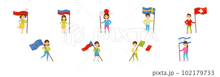 Little Boy and Girl Holding National Flags of Different Countries Waving on Pole Vector Set 102179733