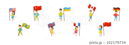 Little Boy and Girl Holding National Flags of Different Countries Waving on Pole Vector Set 102179734