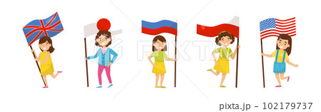 Little Girl Holding National Flags of Different Countries Waving on Pole Vector Set 102179737