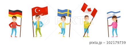 Little Boy and Girl Holding National Flags of Different Countries Waving on Pole Vector Set 102179739