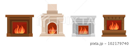 Metal and Stone Fireplace or Hearth with Mantelpiece and Burning Fire Vector Set 102179740