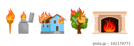 Flaming and Burning Objects with House and Tree on Fire Vector Set 102179771