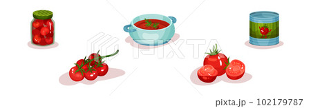 Red Tomato Product with Soup in Bowl, Can and Crop Vector Set Red Tomato Product with Soup in Bowl, Can and Crop Vector Set 102179787