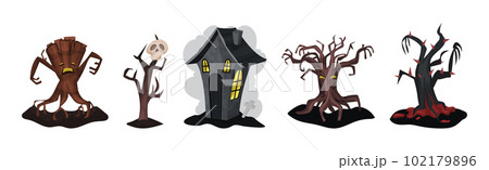 Gloomy Halloween Tree, House and Cave Vector Set Gloomy Halloween Tree, House and Cave Vector Set 102179896