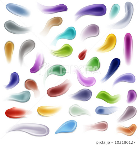 Cream smears. Scrub and gel smears swatch set. Cosmetics product. Realistic 3d skin care products swatches vector set Cream smears. Scrub and gel smears swatch set. Cosmetics product. Realistic 3d skin care products swatches vector set 102180127