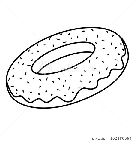 Illustration of doodles with a sweet donut. Donut in glaze hand-drawn fast food in the style of doodle coloring 102180964