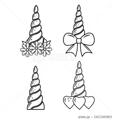 Unicorn horn decorated, black contour coloring, vector isolated illustration in doodle style 102180965