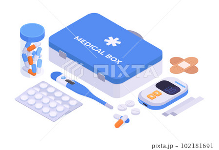 Isometric first aid kit. Health care supplies, pharmacy medicines and case. Medical pills and drugs vector illustration set Isometric first aid kit. Health care supplies, pharmacy medicines and case. Medical pills and drugs vector illustration set 102181691