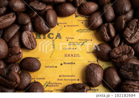 Bangkok, Thailand March 14, 2023 Coffee bean on Brazil map, import export trade online commerce concept. Bangkok, Thailand March 14, 2023 Coffee bean on Brazil map, import export trade online commerce concept. 102182684