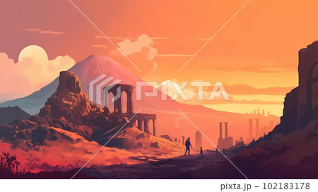Illustration of a panoramic view of Pompeii and Mount Vesuvius, Italy 102183178