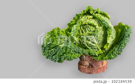 Fresh savoy cabbage on grey background Fresh savoy cabbage on grey background 102184539