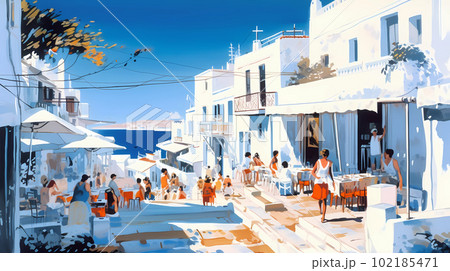 Illustration of beautiful view of Mykonos island, Greece 102185471