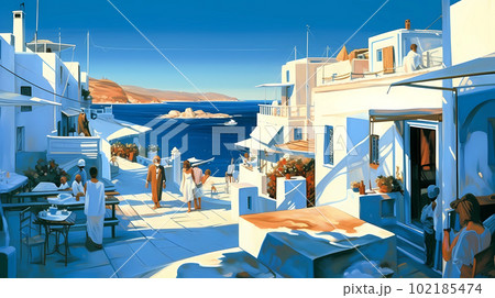 Illustration of beautiful view of Mykonos island, Greece 102185474