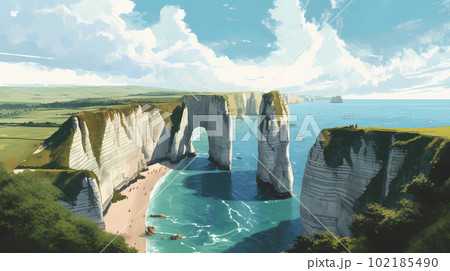 Panoramic view of the beach of Etretat in Normandy, France Panoramic view of the beach of Etretat in Normandy, France 102185490