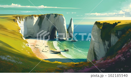 Panoramic view of the beach of Etretat in Normandy, France Panoramic view of the beach of Etretat in Normandy, France 102185540