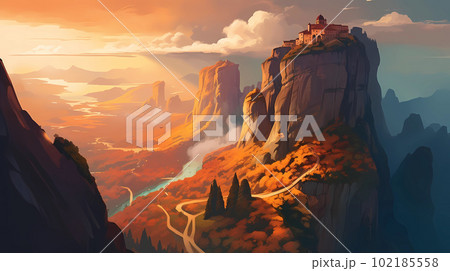 Illustration of beautiful view of Meteora, Greece Illustration of beautiful view of Meteora, Greece 102185558