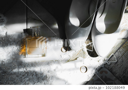 Beautiful toned picture with wedding rings and wedding shoes 102188049