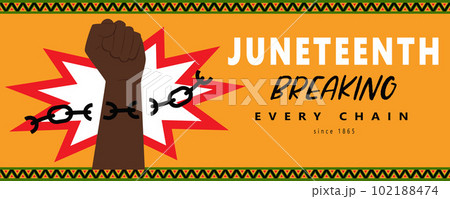 Banner With A Clenched Fist. Breaking Every Chain Since 1865. African-American National Independence Day. Juneteenth Freedom Day. Vector Illustration On A Yellow Background With African Patterns. 102188474