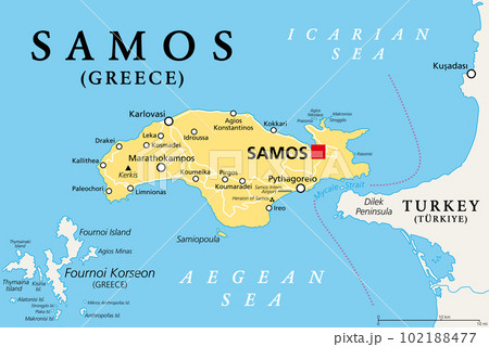 Samos, Greek island, political map. Island in the eastern Aegean Sea, and separated of the western Turkey coast by the Mycale Strait. Rich city-state in ancient times and the birthplace of Pythagoras. 102188477