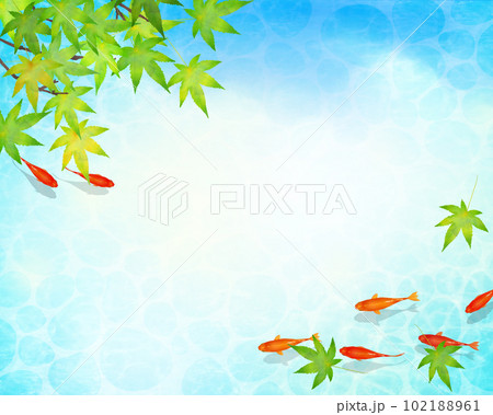 初夏の葉と、涼しげな水の中を赤いメダカが優雅に泳ぐ水の波紋が美しいデザインのベクター夏フレーム素材 102188961