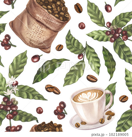 Watercolor seamless pattern coffee beans in jute burlap sack and cup latte of coffee. Hand-drawn illustration isolated on white background. Perfect concept for cafe, restaurant, menu, cards, posters Watercolor seamless pattern coffee beans in jute burlap sack and cup latte of coffee. Hand-drawn illustration isolated on white background. Perfect concept for cafe, restaurant, menu, cards, posters 102189005