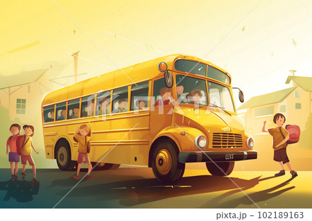 illustration of a yellow school bus with children. back to school concept. Ai generative illustration of a yellow school bus with children. back to school concept. Ai generative 102189163