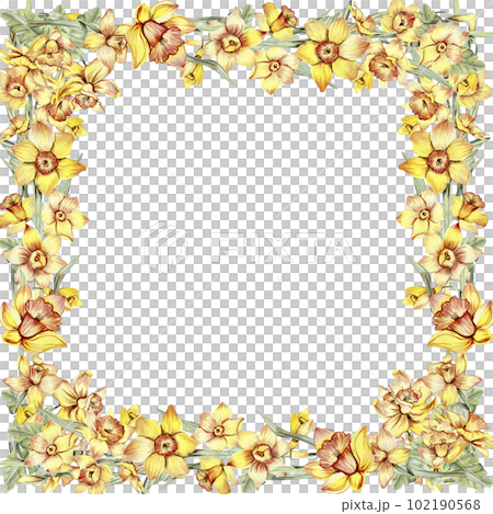 Watercolor hand drawn spring garden full of narcissus square frame. Summer illustration for scrapbooking. Cartoon hand drawn background with flower for kids design. Perfect for wedding invitation. Watercolor hand drawn spring garden full of narcissus square frame. Summer illustration for scrapbooking. Cartoon hand drawn background with flower for kids design. Perfect for wedding invitation. 102190568