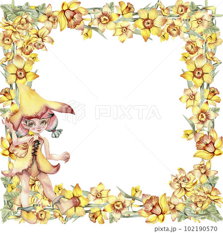 Watercolor hand drawn spring garden full of narcissus square frame. Summer illustration for scrapbooking. Cartoon hand drawn background with flower for kids design. Perfect for wedding invitation. 102190570