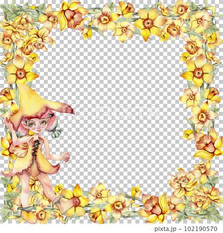 Watercolor hand drawn spring garden full of narcissus square frame. Summer illustration for scrapbooking. Cartoon hand drawn background with flower for kids design. Perfect for wedding invitation. 102190570
