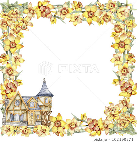 Watercolor hand drawn spring garden full of narcissus square frame. Summer illustration for scrapbooking. Cartoon hand drawn background with flower for kids design. Perfect for wedding invitation. 102190571