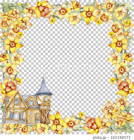 Watercolor hand drawn spring garden full of narcissus square frame. Summer illustration for scrapbooking. Cartoon hand drawn background with flower for kids design. Perfect for wedding invitation. 102190571