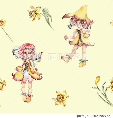 Watercolor hand drawn seamless pattern of yellow narcissus in cartoon style. Kids style background illustration with of a beautiful summer or spring flowers. Applicable for textiles, wallpapers,decor. 102190572