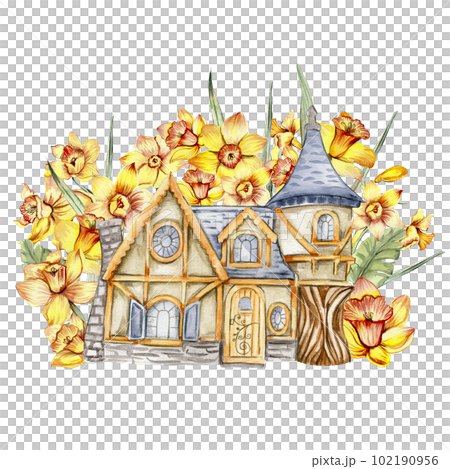 Watercolor composition with yellow narcissus and castel in cartoon style. Hand drawn illustration of summer. Perfect for scrapbooking, kids design, wedding invitation, posters, greetings cards. Watercolor composition with yellow narcissus and castel in cartoon style. Hand drawn illustration of summer. Perfect for scrapbooking, kids design, wedding invitation, posters, greetings cards. 102190956