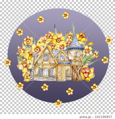 Watercolor composition with yellow narcissus and castel in cartoon style. Hand drawn illustration of summer. Perfect for scrapbooking, kids design, wedding invitation, posters, greetings cards. Watercolor composition with yellow narcissus and castel in cartoon style. Hand drawn illustration of summer. Perfect for scrapbooking, kids design, wedding invitation, posters, greetings cards. 102190957