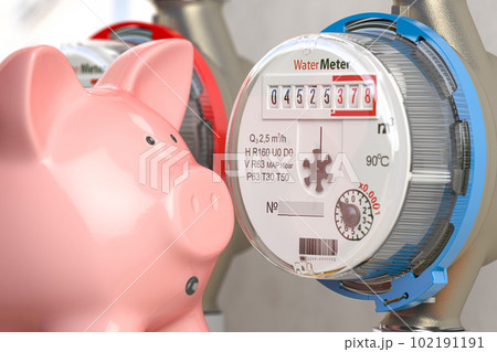 Water meter with piggy bank. Water consumption, cost of utilities and payment for water concept. 102191191