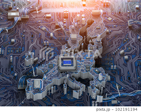 EU semiconductor industry, computer chips manufacturing  and artificial intelligenceconcept. Motherboard with CPU processor in form of map of European Union. 102191194