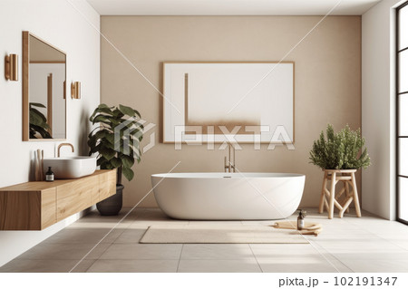 Transform your bathroom into a luxurious oasis with a spacious tub and an elegant sink. A place of beauty and comfort for your daily self-care routine. AI Generative Transform your bathroom into a luxurious oasis with a spacious tub and an elegant sink. A place of beauty and comfort for your daily self-care routine. AI Generative 102191347