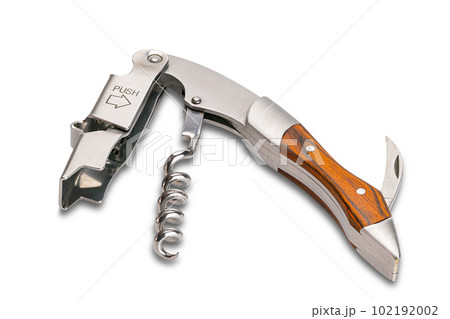 Multifunction sommelier knife with wine bottle opener corkscrew, sharp blade knife and wooden handle isolatend on white background. 102192002