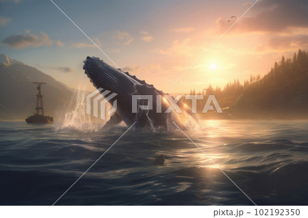 In this stunning photo, a humpback whale breaches out of the water, displaying its incredible strength and grace. Witness the beauty of nature. AI Generative. 102192350