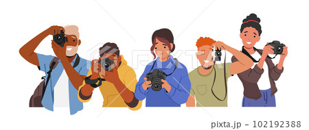 Characters Capturing Moments With Photo Cameras. Holding And Adjusting Settings, Framing Shots, And Capturing Images 102192388