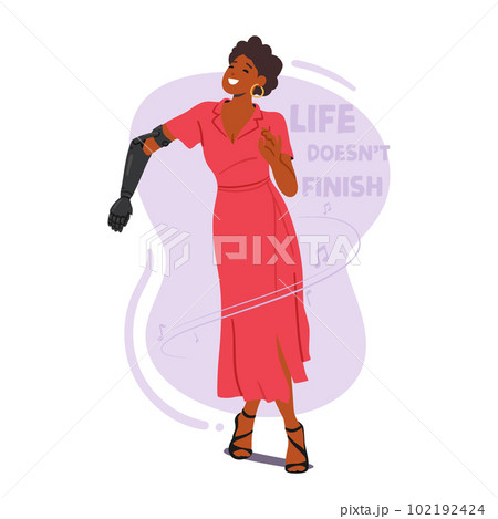 Disabled Dancer Female Character. Woman Dances Gracefully With Her Prosthetic Hand, Defying Societal Norms Disabled Dancer Female Character. Woman Dances Gracefully With Her Prosthetic Hand, Defying Societal Norms 102192424
