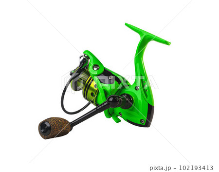 Fishing reel, green equipment with lure isolated on white background 102193413