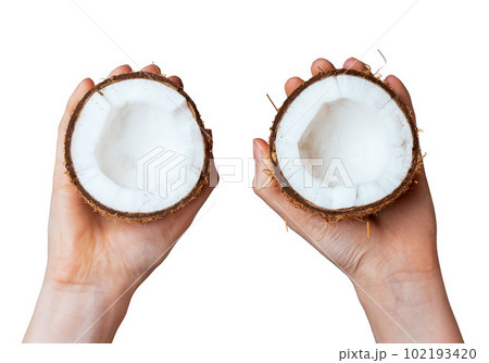 Hands holding two coconut pieces halves, cut cross sections isolated on white background Hands holding two coconut pieces halves, cut cross sections isolated on white background 102193420