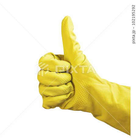 Thumb up gesture, thumbup sign of cleaner hand in yellow glove isolated on white 102195292