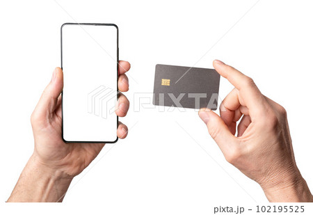 Mobile phone mock-up and bank credit card mockup in male hand isolated on white background Mobile phone mock-up and bank credit card mockup in male hand isolated on white background 102195525