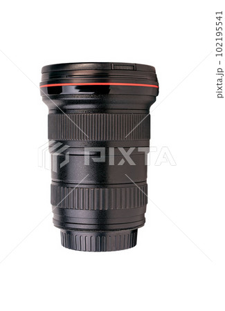 Wide-angle lens of professional camera, side view. Photo zoom lense 16 35 mm isolated on white background 102195541