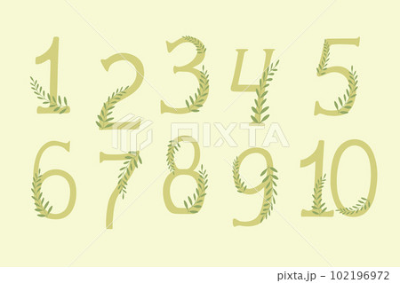 Numbers from Zero to Ten with plant branches. Hand drawn vector art. Botanical colors Numbers from Zero to Ten with plant branches. Hand drawn vector art. Botanical colors 102196972
