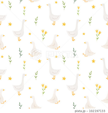 Beautiful children's seamless pattern with cute hand drawn watercolor goose bird. Stock illustration. Beautiful children's seamless pattern with cute hand drawn watercolor goose bird. Stock illustration. 102197133